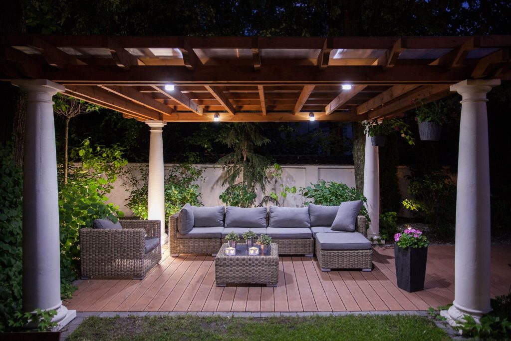 Outdoor living space under a pergola